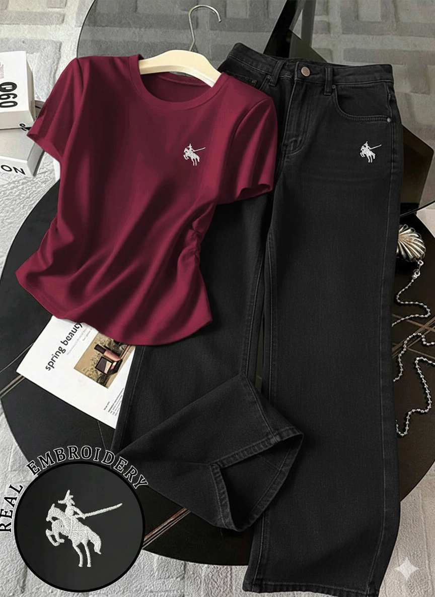 Burgundy Round Fit Side Elastic Tee with Black Wide Leg Jeans