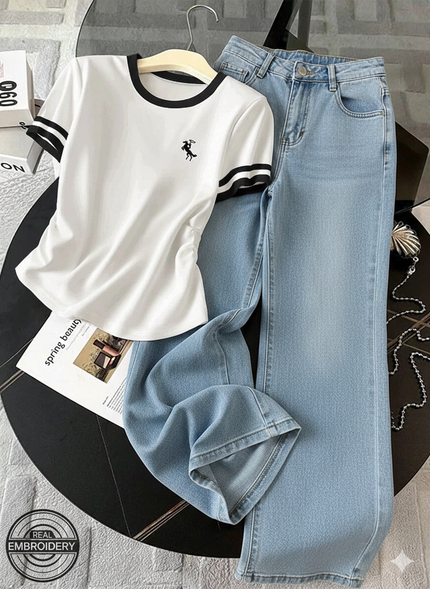 White Round Fit Side Elastic Tee with Sky Blue Wide Leg Jeans