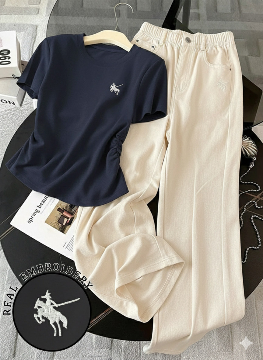 Navy Blue Round Fit Side Elastic Tee with Beige Wide Leg Jeans