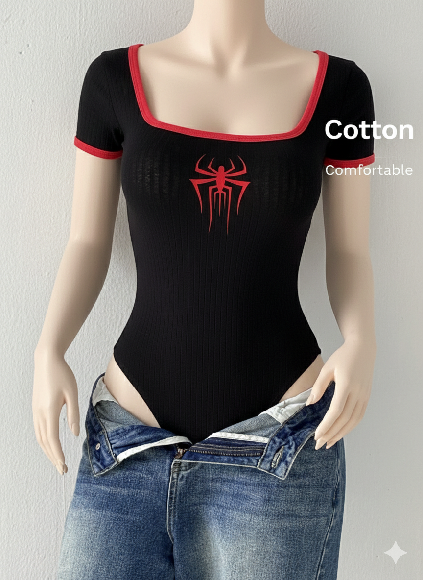Rib 2 Tone Square Neck Bodysuit HS Spider Print