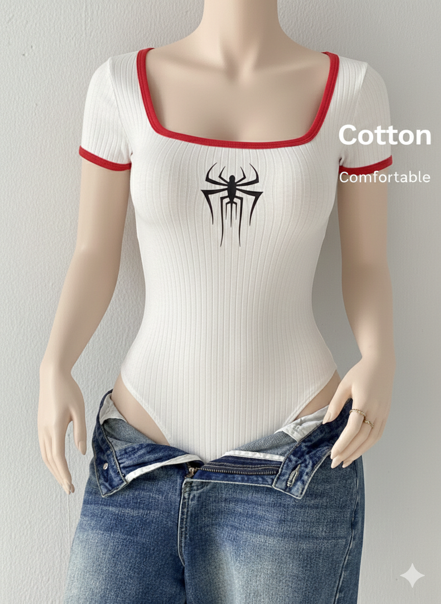 Rib 2 Tone Square Neck Bodysuit HS Spider Print