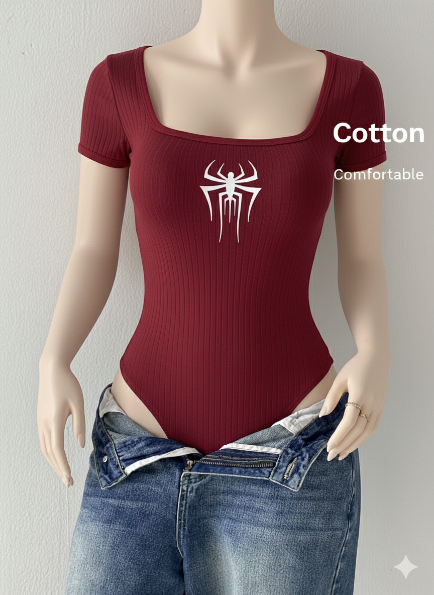 Rib 2 Tone Square Neck Bodysuit HS Spider Print