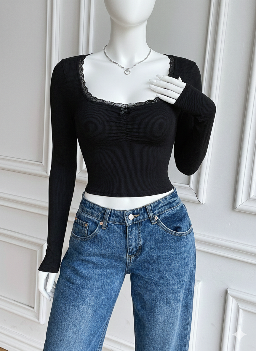 Square neck Ruched Lace bow fs