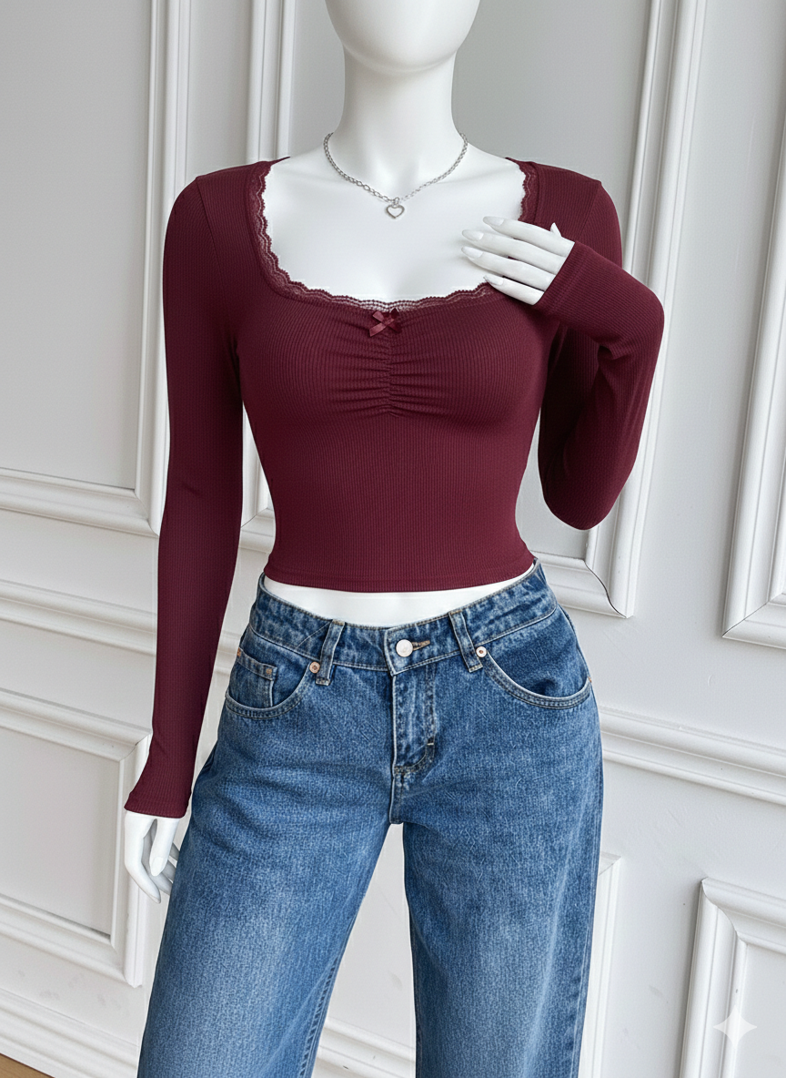 Square neck Ruched Lace bow fs