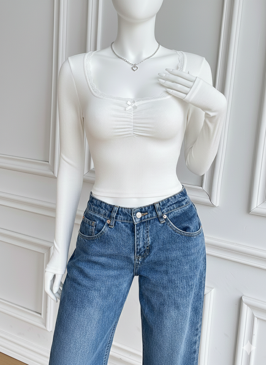 Square neck Ruched Lace bow fs