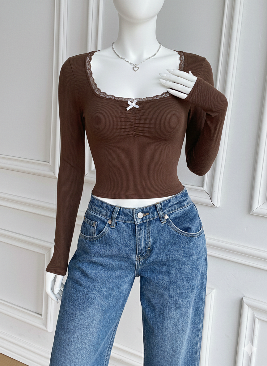 Square neck Ruched Lace bow fs
