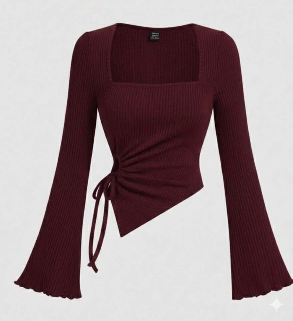 Rib Square Neck Flare Sleeves One Side Ruched
