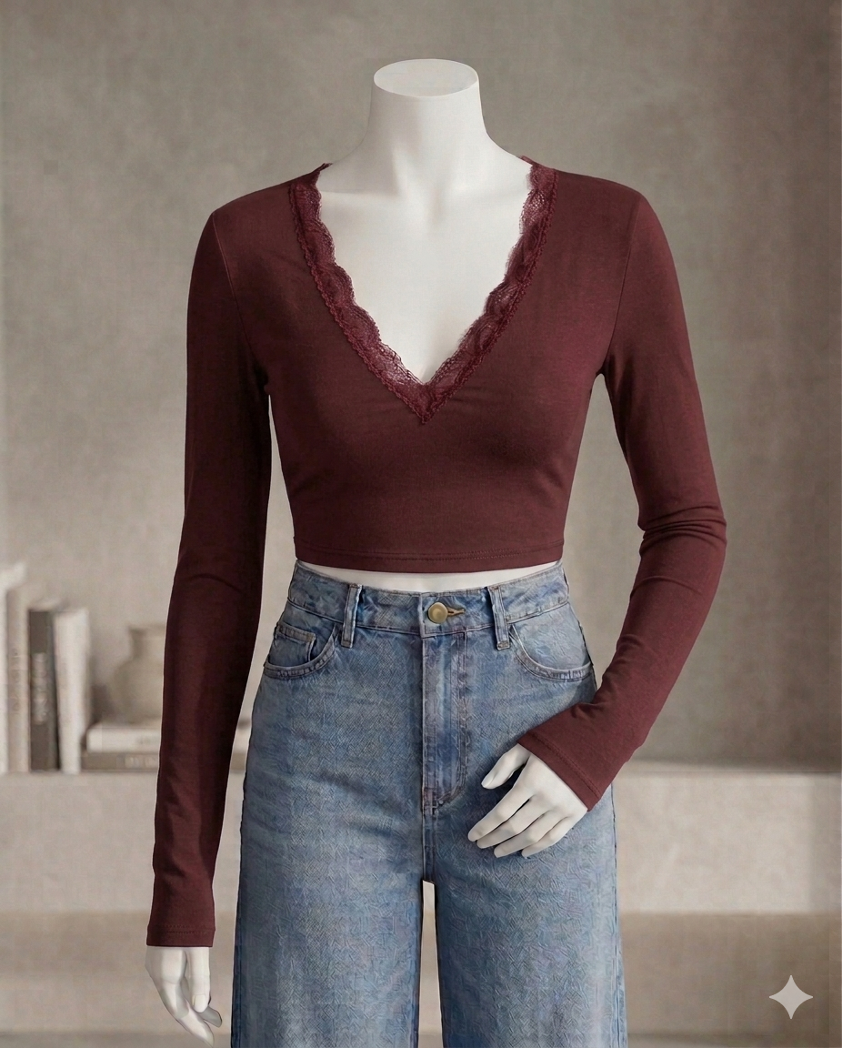 V neck Lace Tee Fs