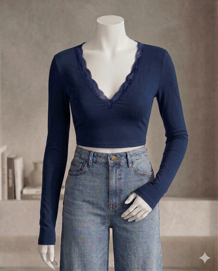 V neck Lace Tee Fs