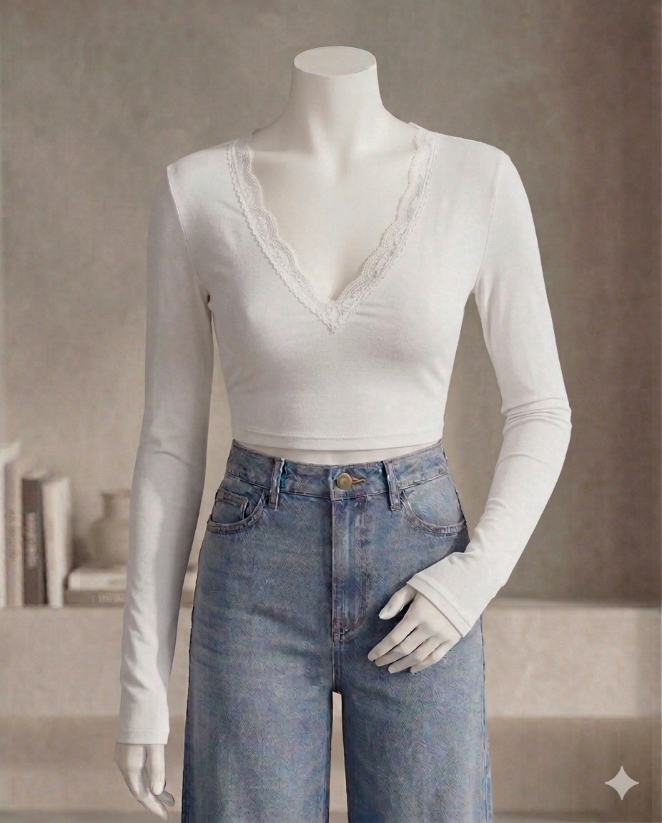 V neck Lace Tee Fs