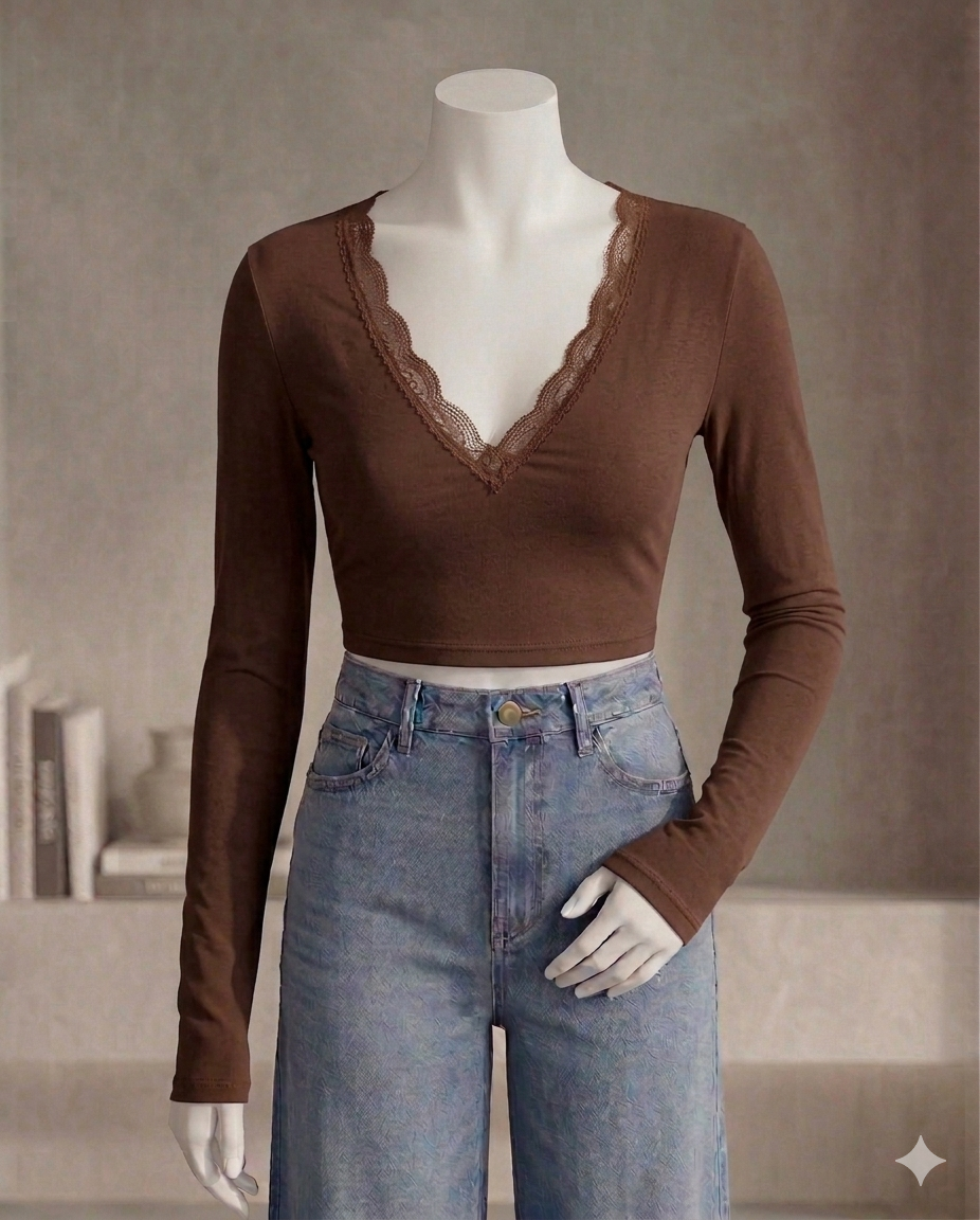 V neck Lace Tee Fs