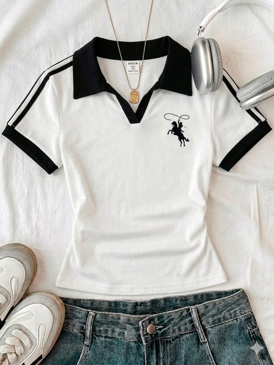 2 Tone V Polo Stripes Tee HS Unicorn Print.