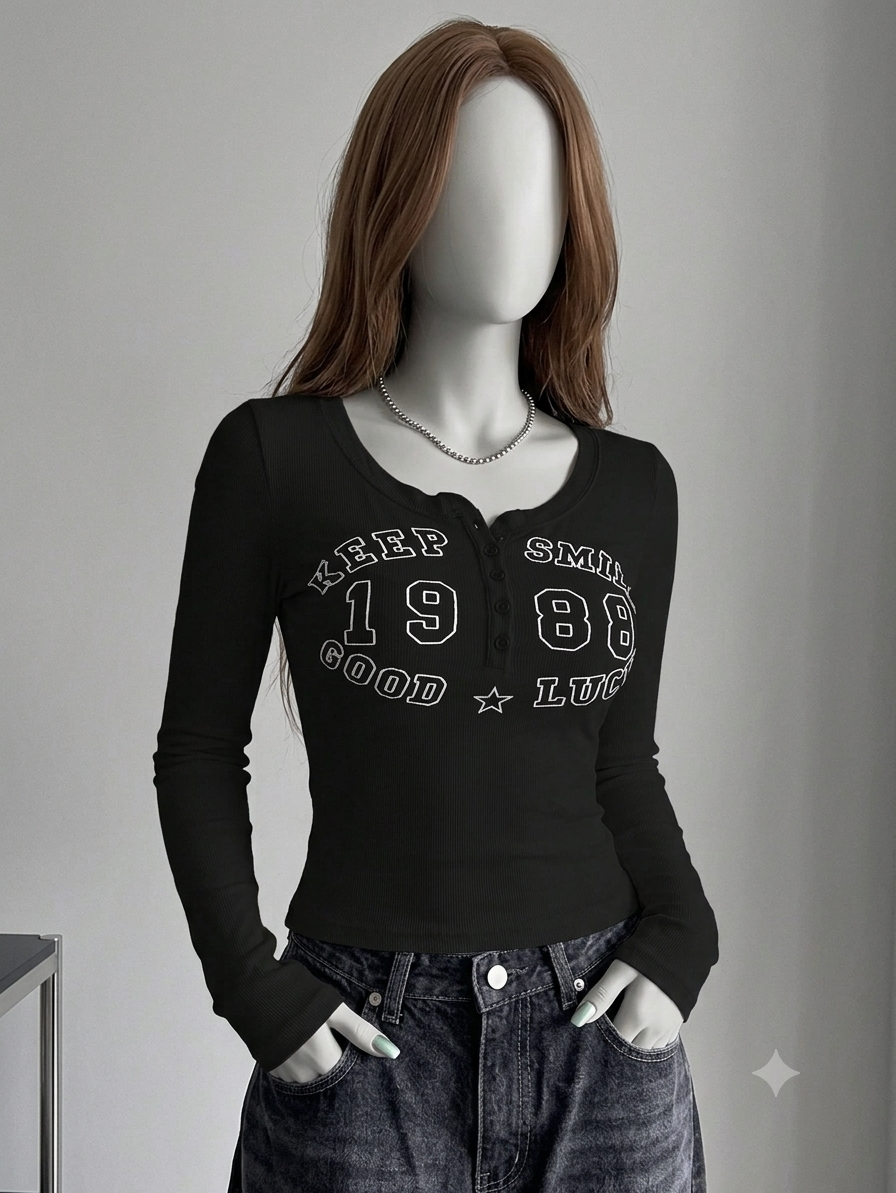round henley printed keep smiling