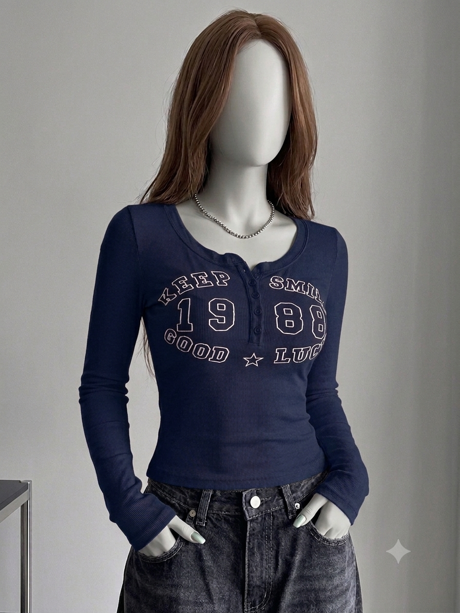 round henley printed keep smiling