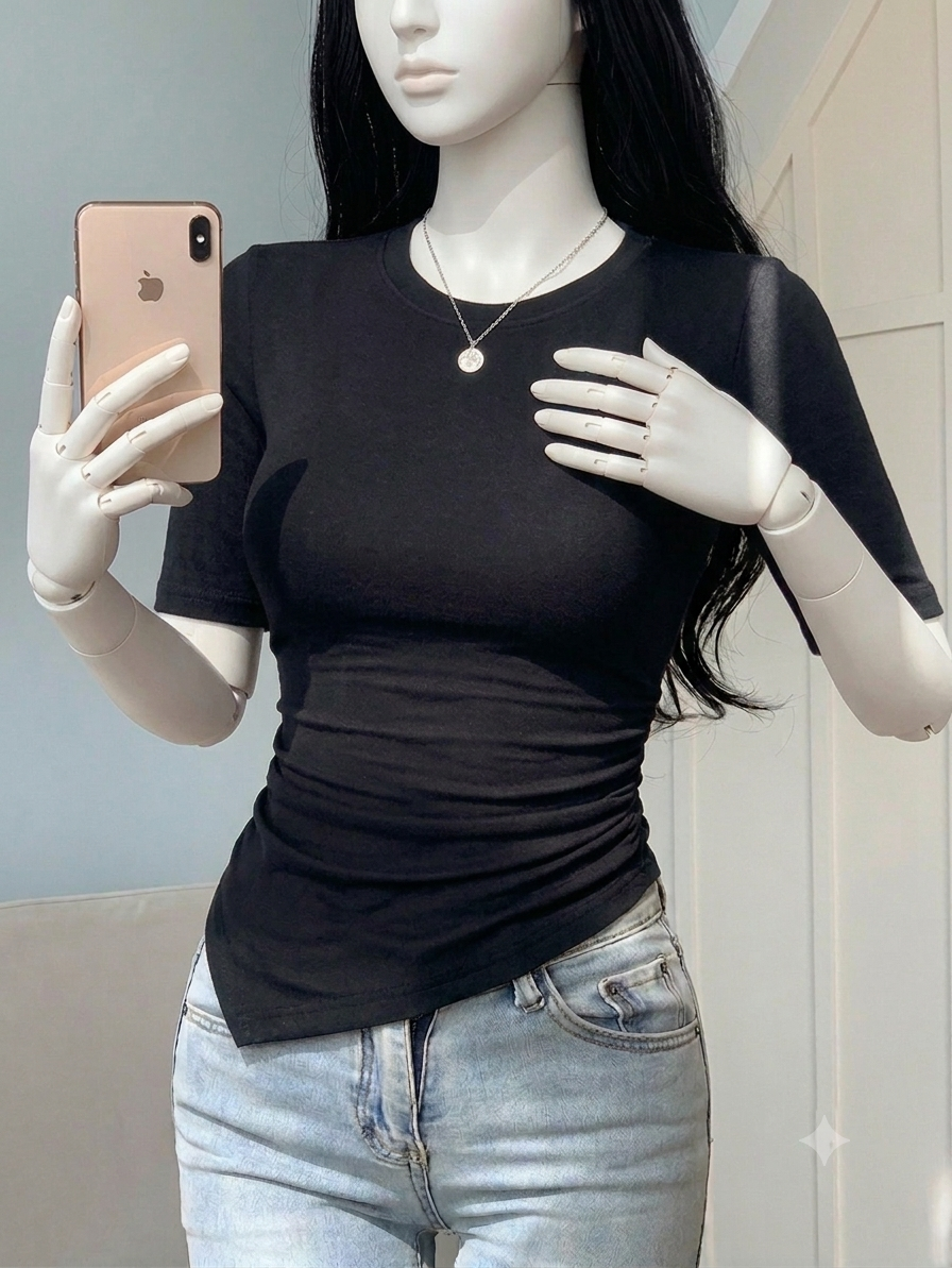 Round neck asymmetrical Cap Sleeves Tee
