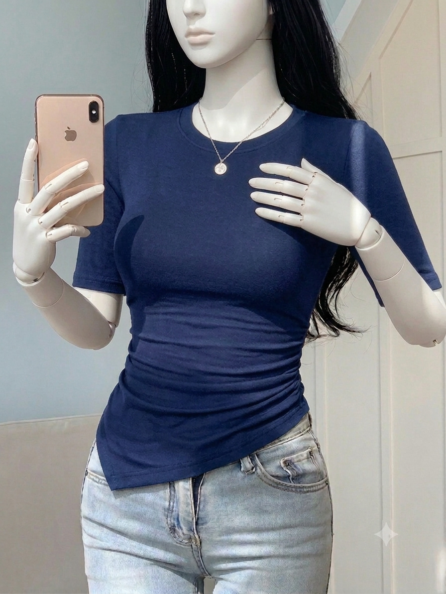 Round neck asymmetrical Cap Sleeves Tee