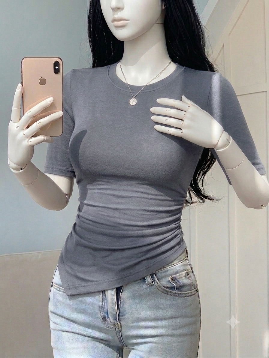 Round neck asymmetrical Cap Sleeves Tee