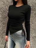 Round Neck Side Ruched Asymmetrical T-Shirt – Free Size