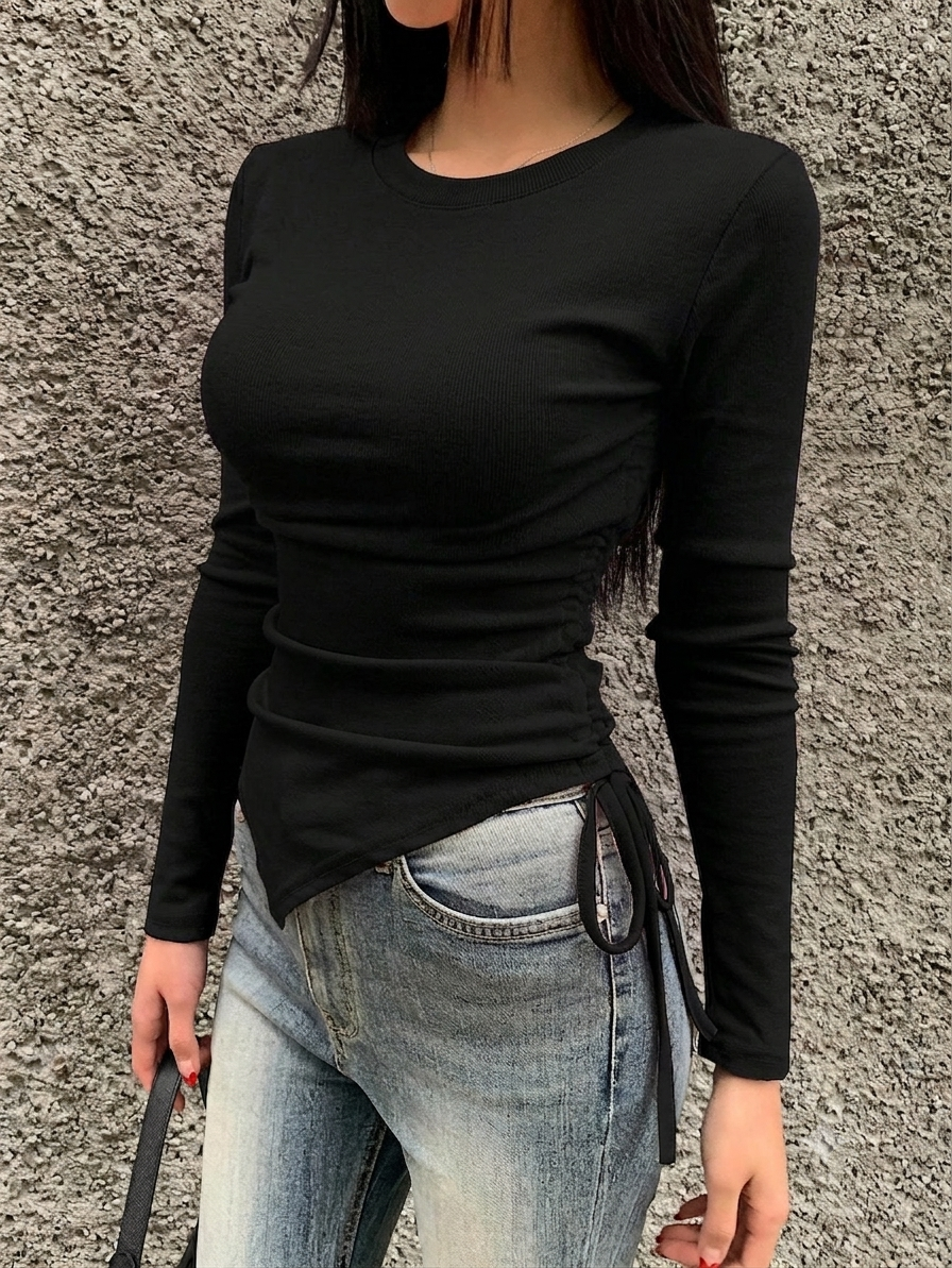 Round Neck Side Ruched Asymmetrical T-Shirt – Free Size