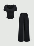 Square Henley Hs with Wide Leg Trouser