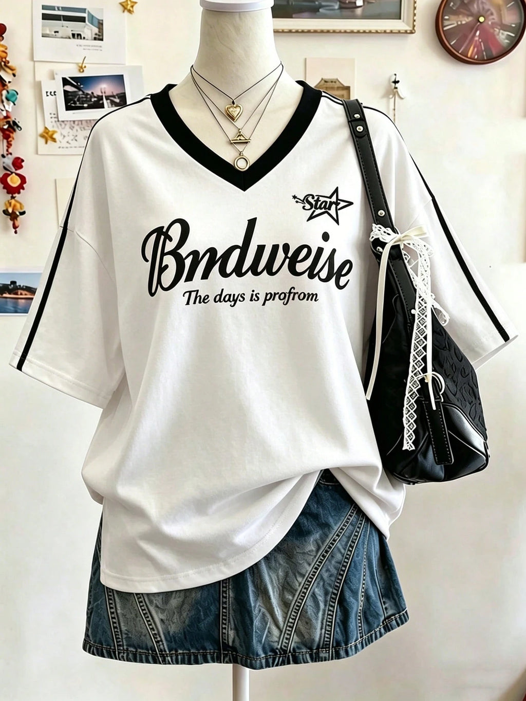 V neck 2 tone stripes oversized tee hs printed bndweise