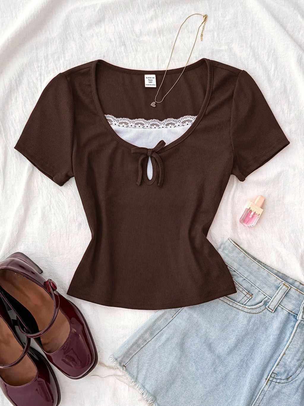 Rib Square Neck Lace Bow Half-Sleeve Top