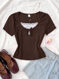 Rib Square Neck Lace Bow Half-Sleeve Top
