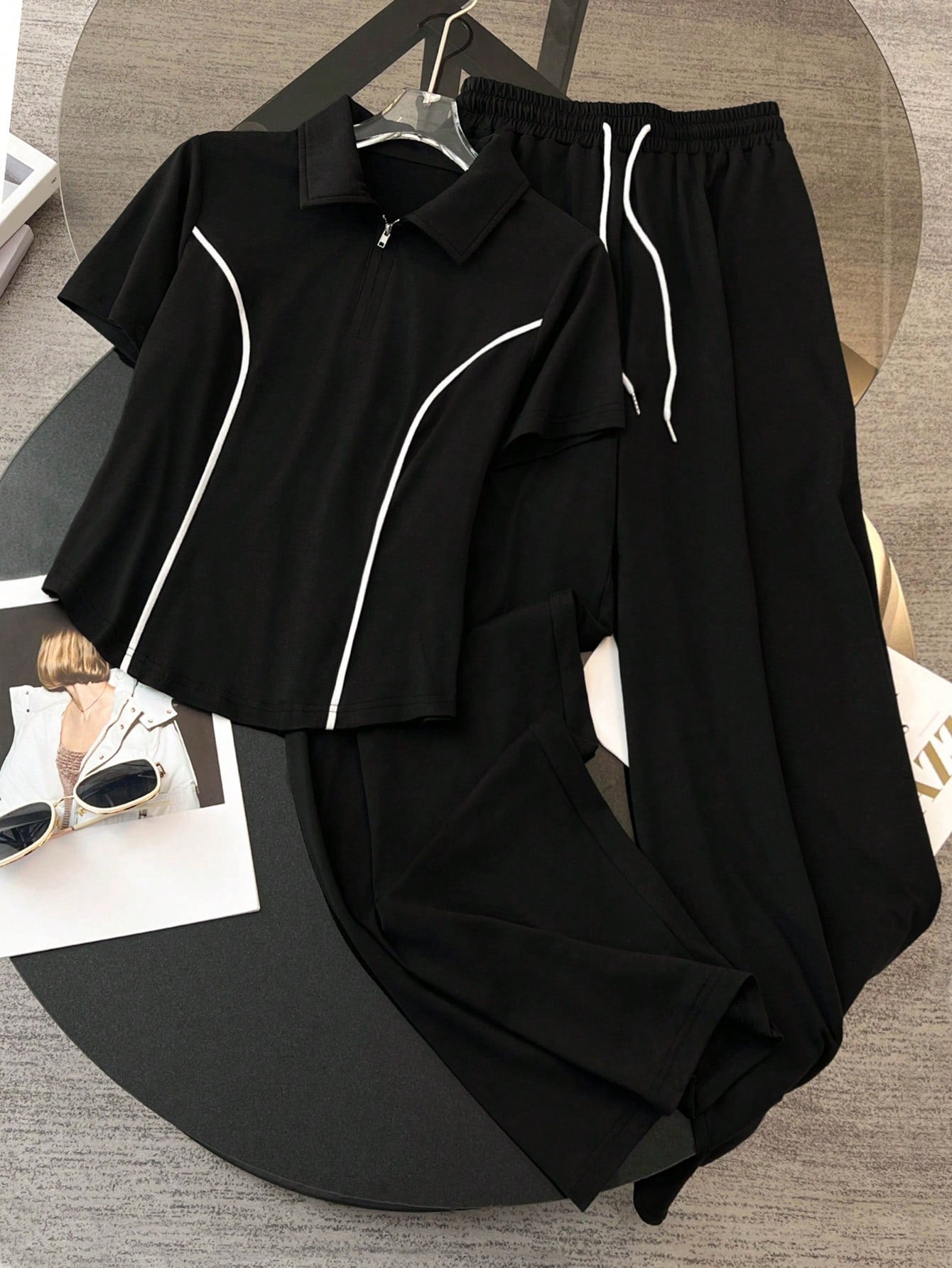 Black Half Zip Collar Stripes Tee With Black Wide Leg Trouser