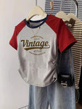 Vintage Print Raglan Side Elastic Tee