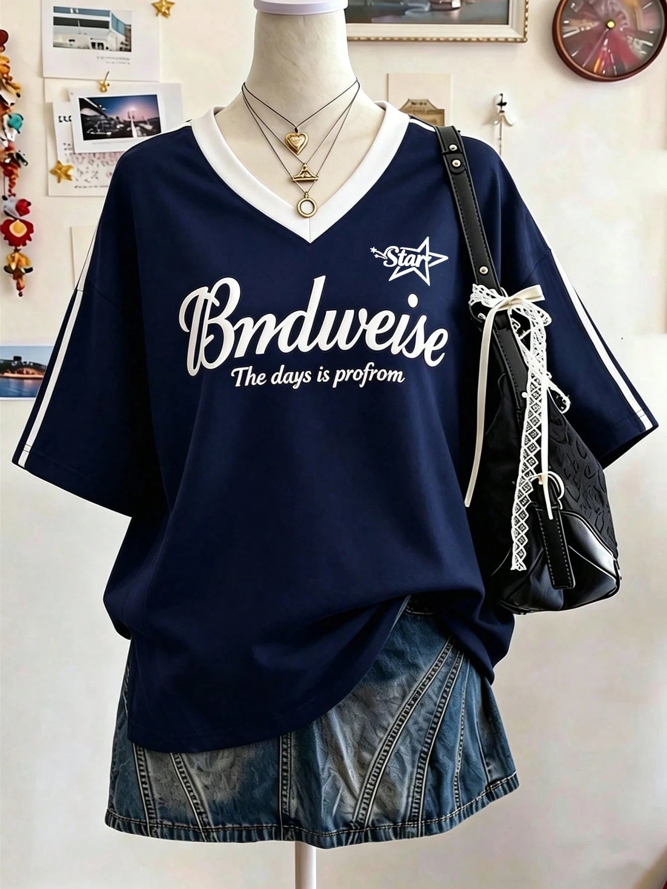 V neck 2 tone stripes oversized tee hs printed bndweise