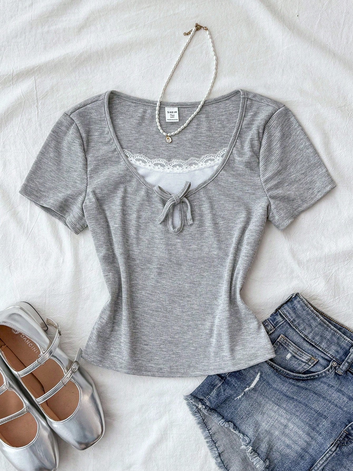 Rib Square Neck Lace Bow Half-Sleeve Top