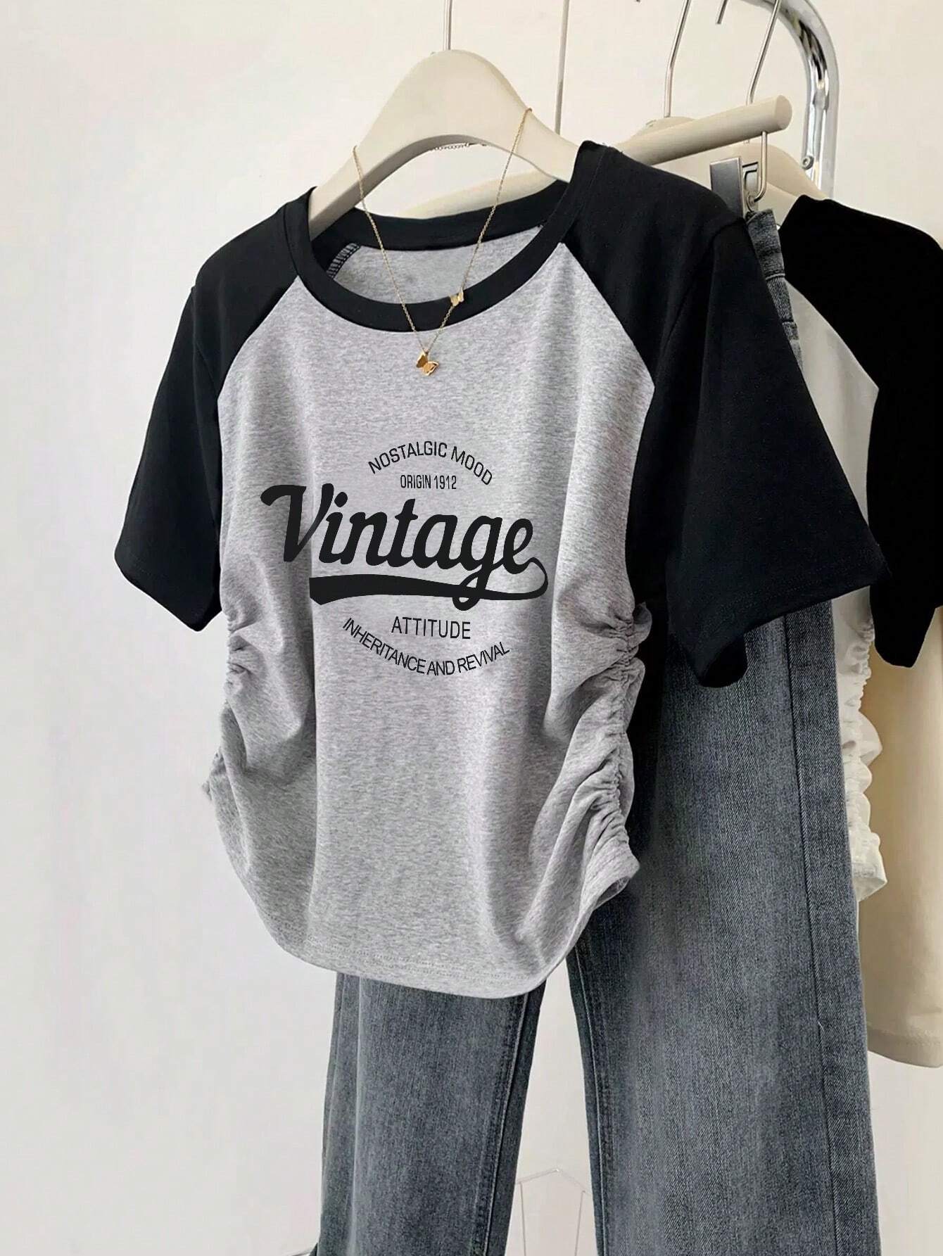 Vintage Print Raglan Side Elastic Tee