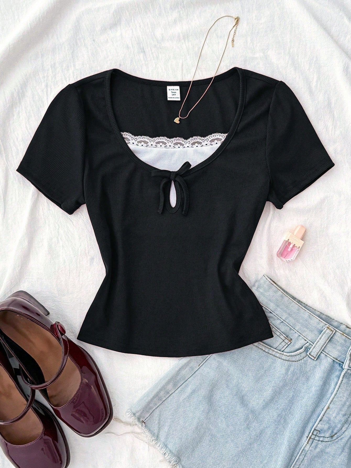 Rib Square Neck Lace Bow Half-Sleeve Top