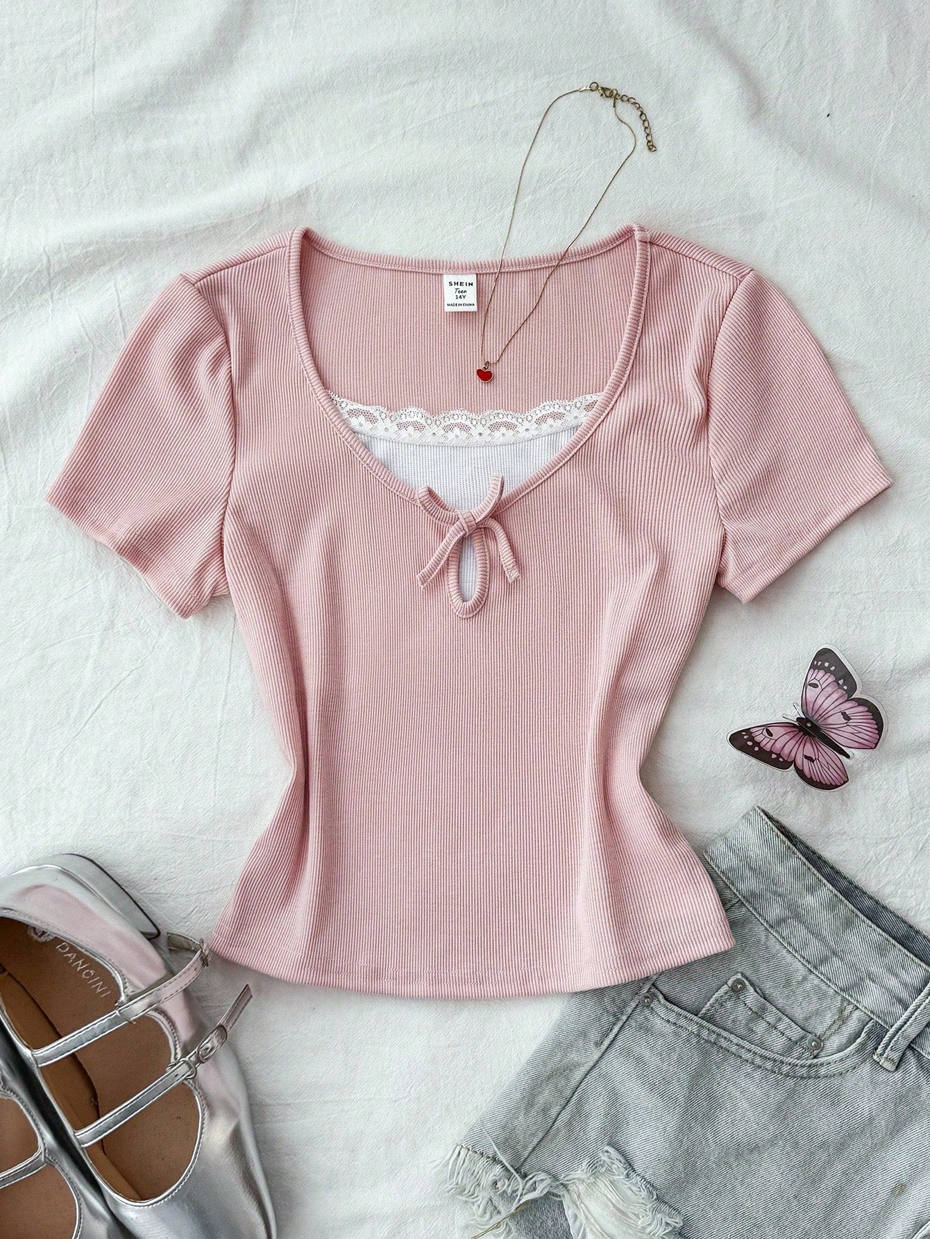 Rib Square Neck Lace Bow Half-Sleeve Top