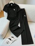 Black V polo Side elastic tee with Black wide leg trouser polo print