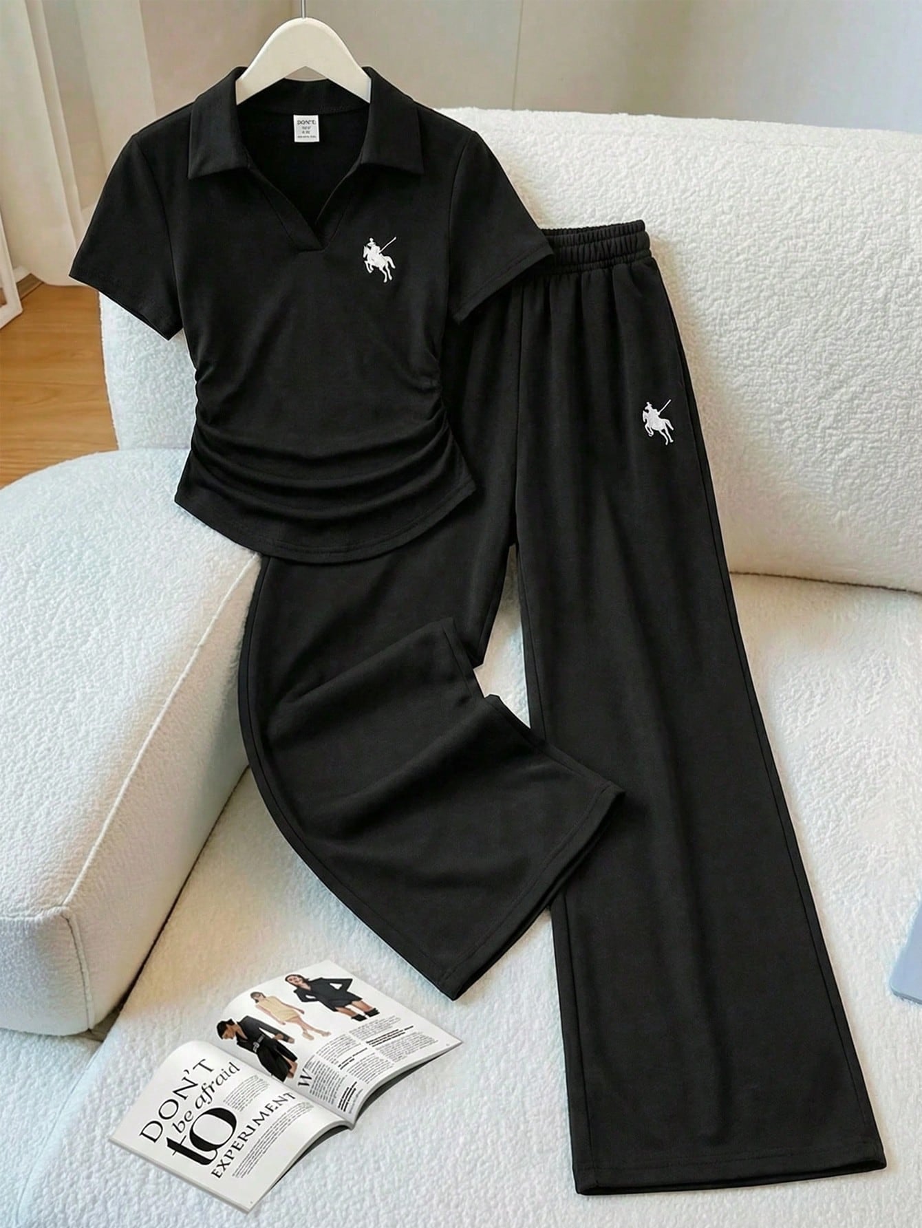 Black V polo Side elastic tee with Black wide leg trouser polo print