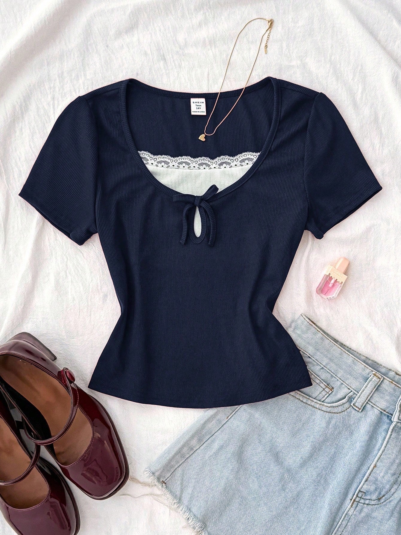 Rib Square Neck Lace Bow Half-Sleeve Top