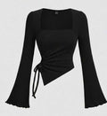 Rib Square Neck Flare Sleeves One Side Ruched