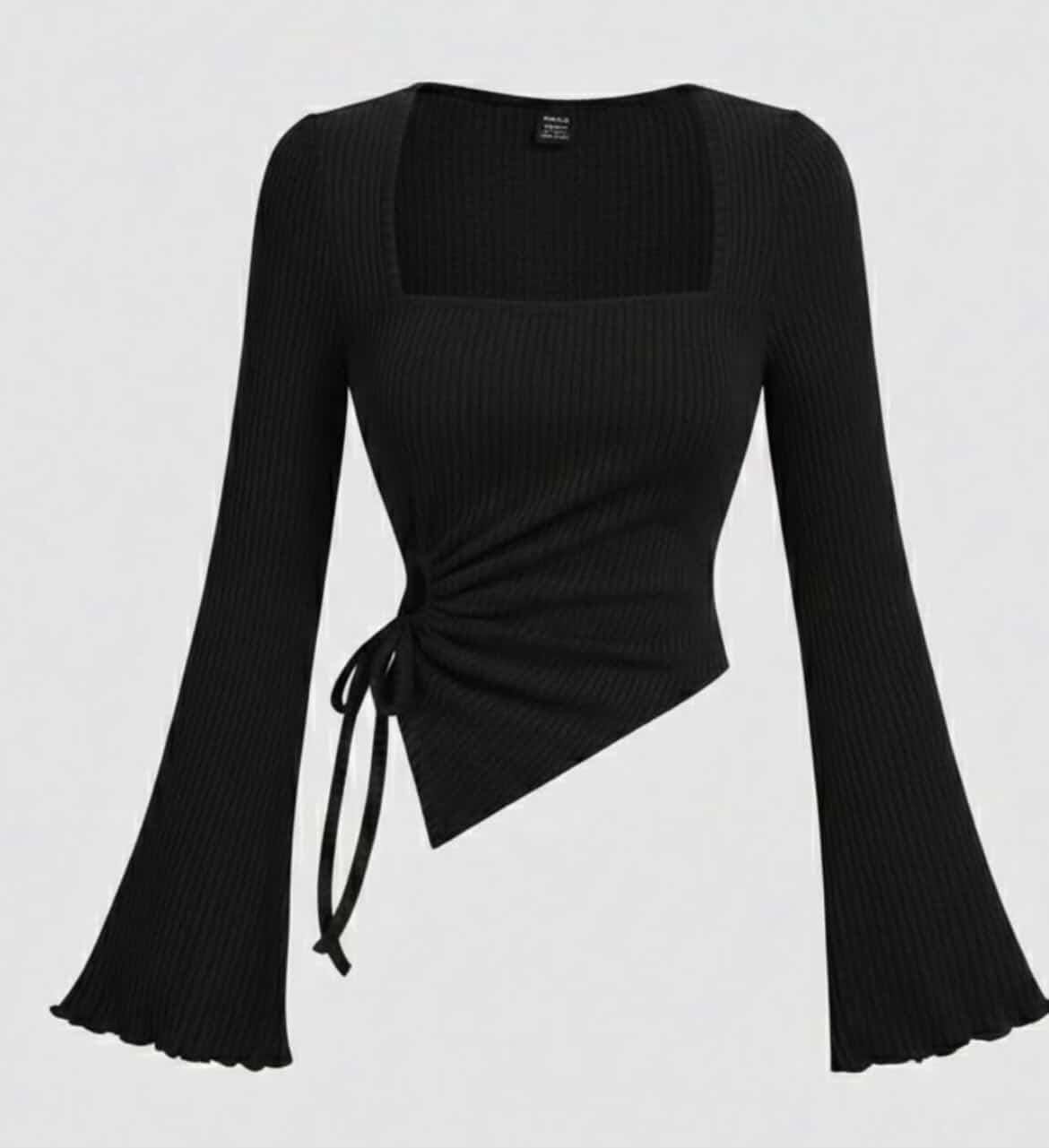 Rib Square Neck Flare Sleeves One Side Ruched