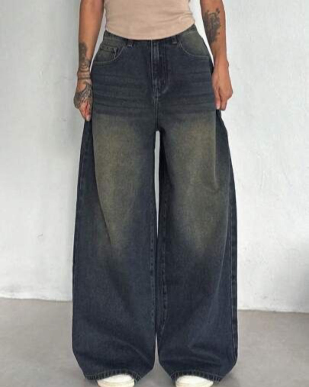 Brown Faded Wide Leg Jeans
