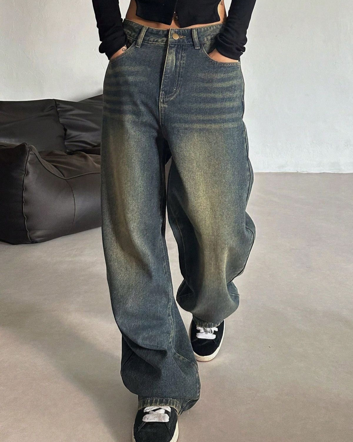 Brown Faded Wide Leg Jeans