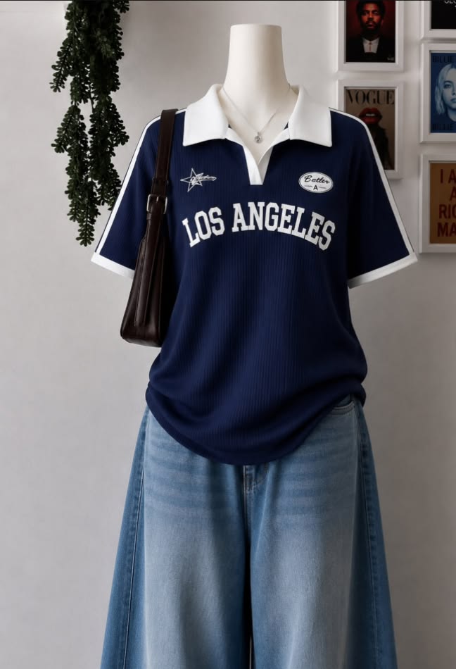 V polo 2 tone oversized tee hs printed LA Logo